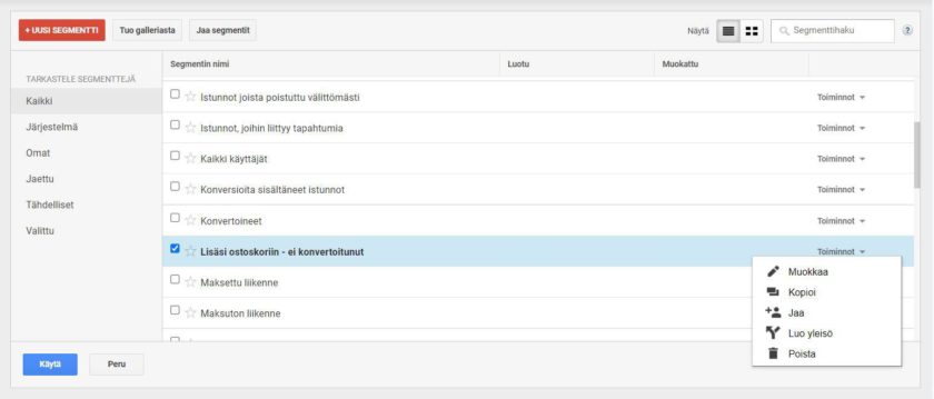 Analytics-segmentistä saat luotua yleisön Toiminnot-painikkeesta