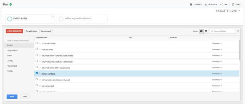 Segmenttiluettelon yläreunasta pääset luomaan uusia segmenttejä, joita voi hyödyntää segmentoinnissa Google Analyticsissä.
