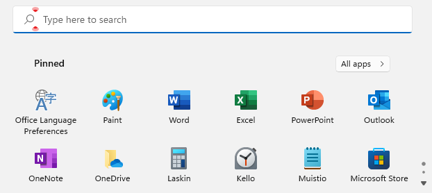 Windows 11 kaikki sovellukset valikko