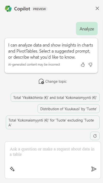 Kuva siitä, kun Copilot analysoi excelissä olevaa taulukkoa