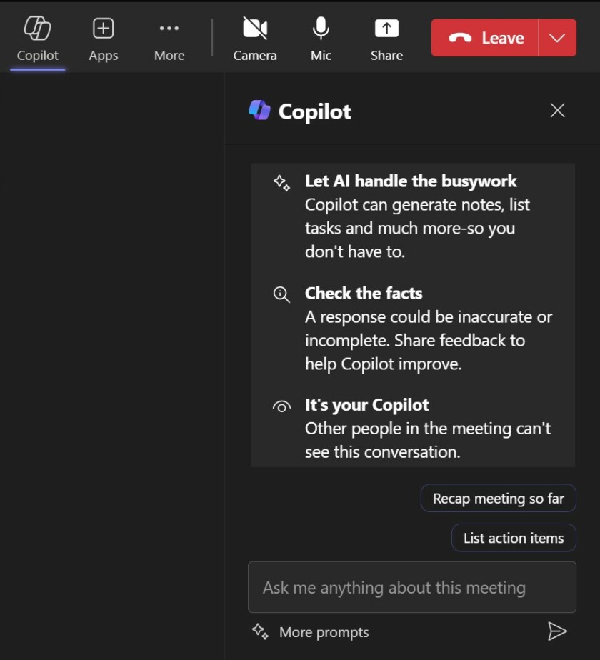 Kuva Copilotista, jossa näkyy miten Copilot voi auttaa teams-kokouksessa