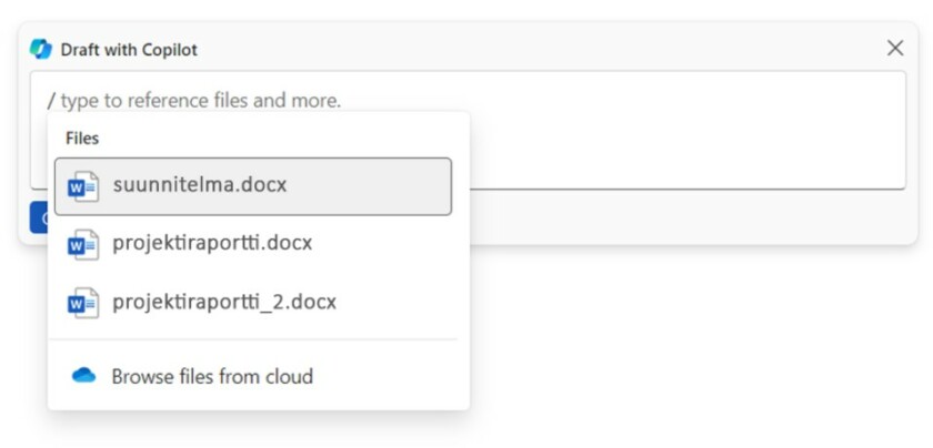 Kuva copilotista auttamassa referenssitiedostojen löytämistä