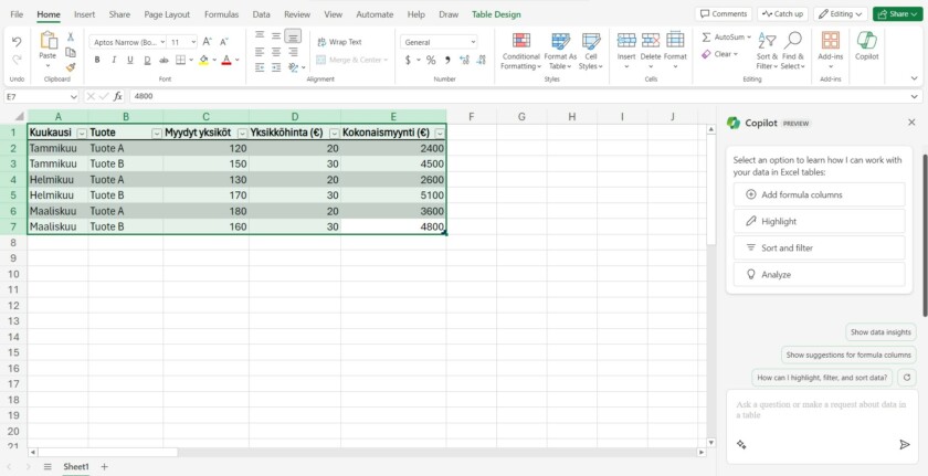 Kuva Copilotista Microsoft Excel sovelluksessa