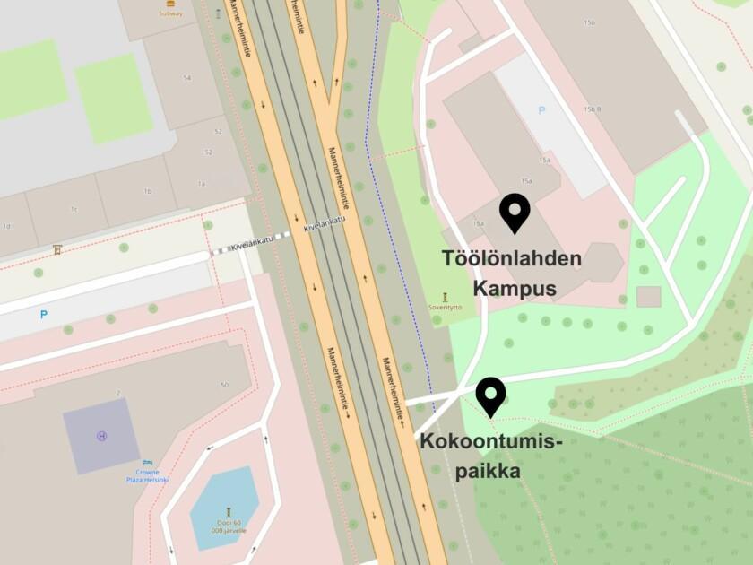 Töölönlahden Kampuksen kokoontumispaikka kartalla.