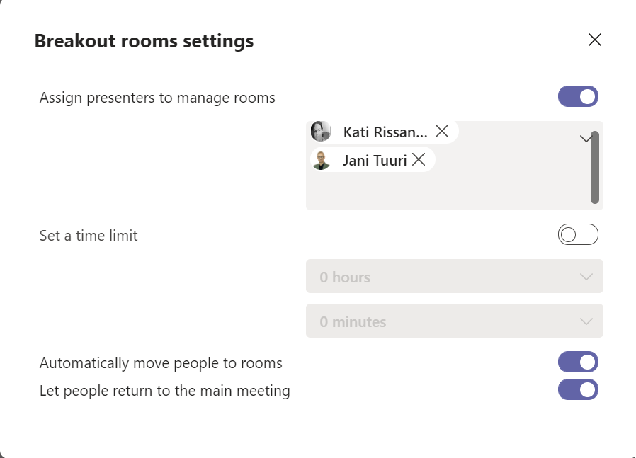 Pienryhmätilan asetukset -ikkunasta voit määritellä mm. aikarajan.