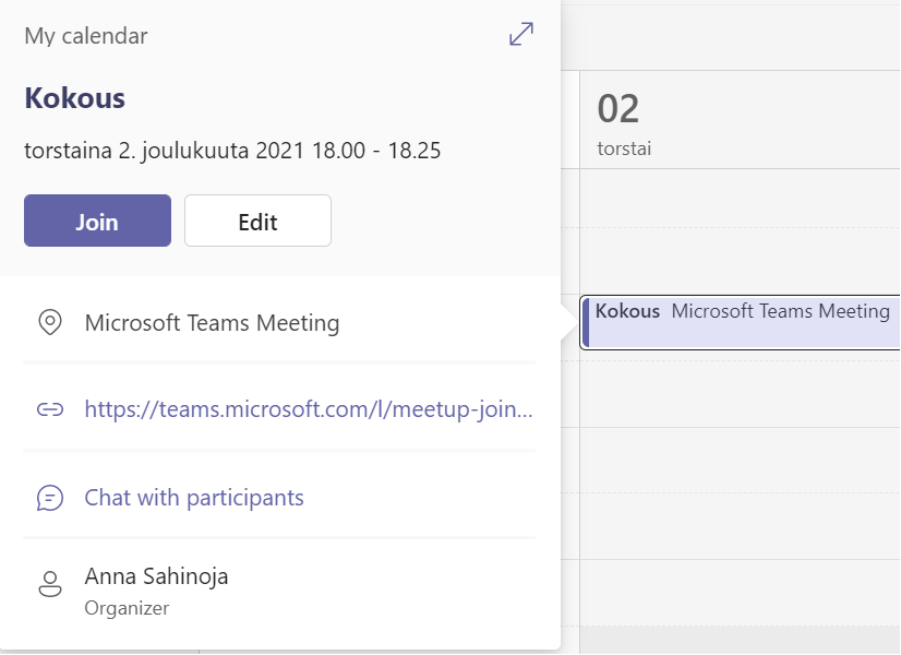 Muokkaa pienryhmätilojen asetuksia kokouksen Teams-kalenterivarauksen kautta valitsemalla Edit.
