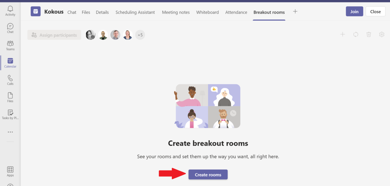 Luo pienryhmätilat Create rooms -painikkeella.