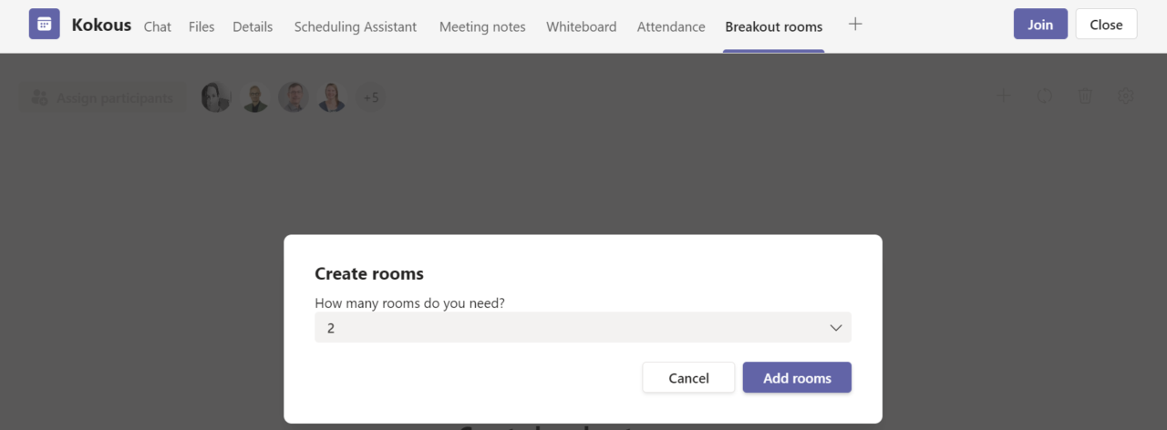 Valitse, kuinka monta pienryhmätilaa haluat luoda alasvetovalikosta.