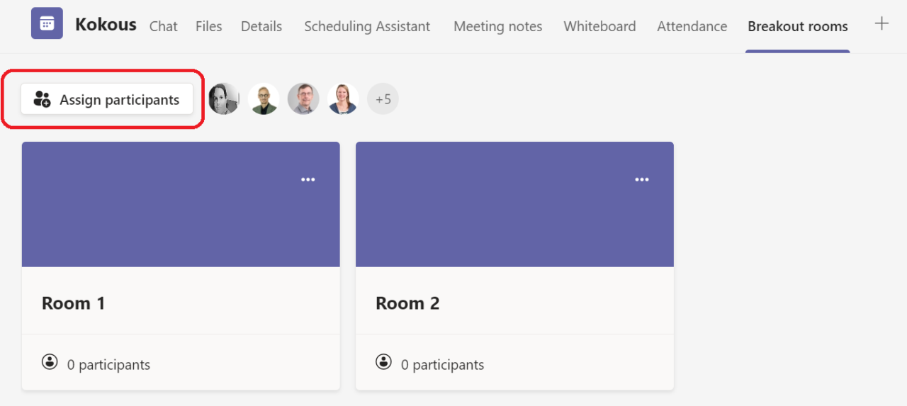 Aloita osallistujien lisääminen pienryhmätiloihin valitsemalla Assign participants vasemmalta.