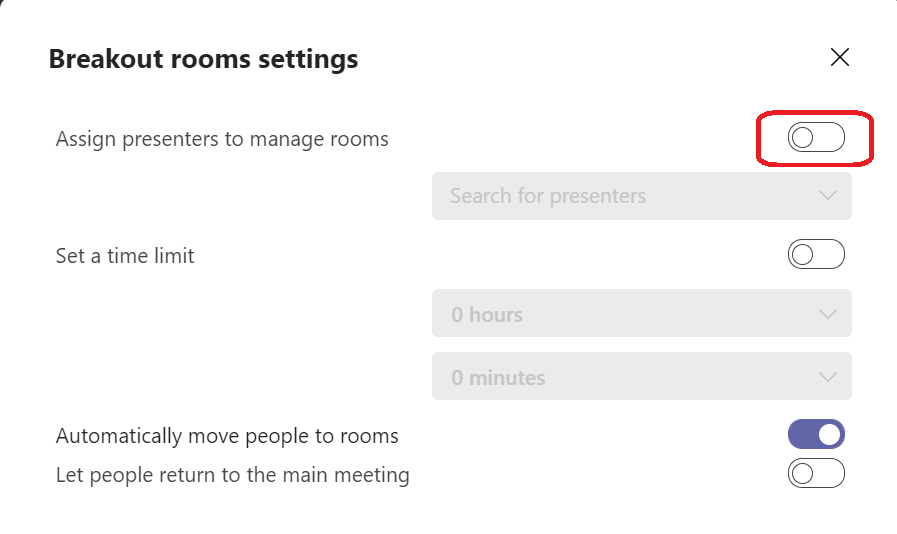 Pienryhmätilan asetukset -ikkunasta valitset Assign presenters to manage rooms -asetuksen päälle tai pois.