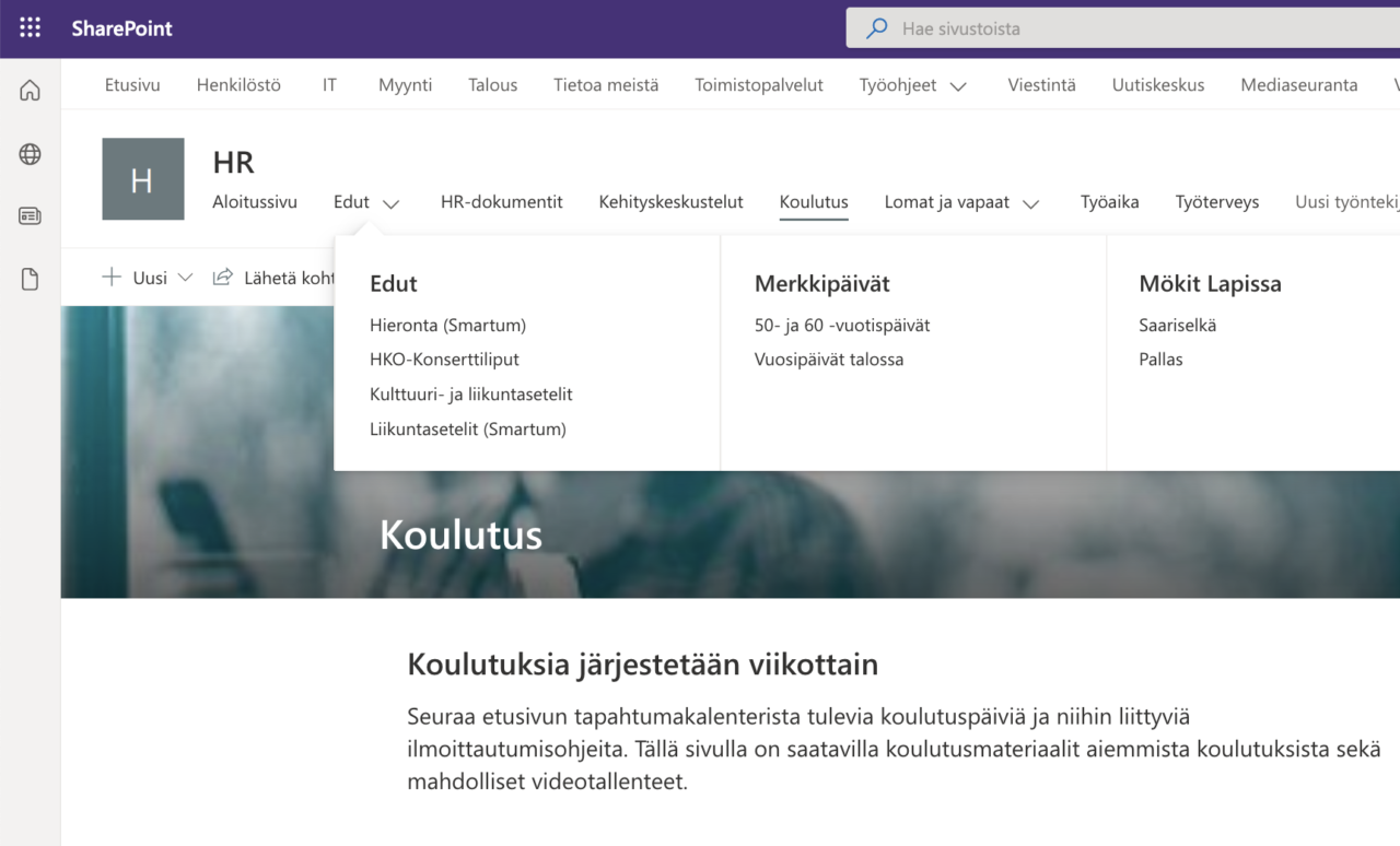 Navigaatio Sharepoint-sivustolla
